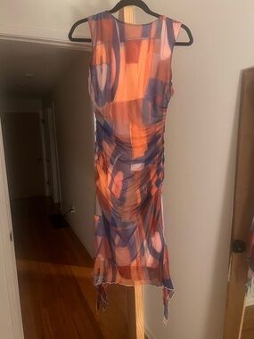 Abstract Orange and Blue Sleeveless Midi Dress